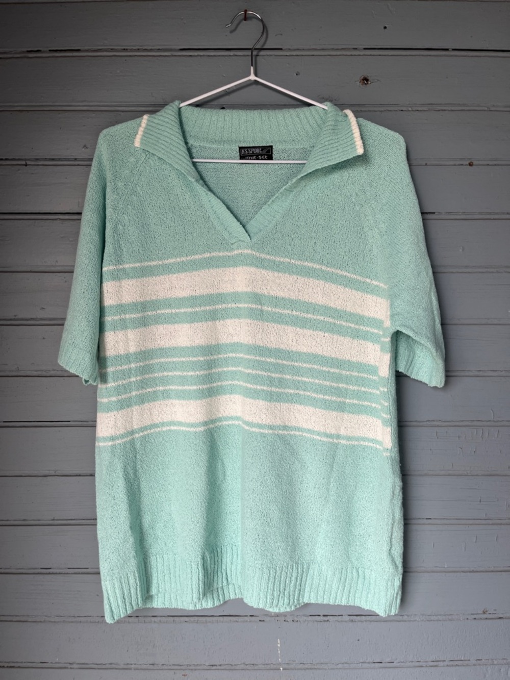 80’s Turquoise Mint and White Striped V-Neck Short Sleeve Knit Sweater